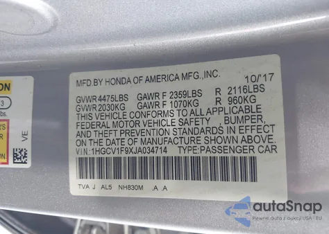 2018 Honda Accord Touring from USA, damaged, VIN 1HGCV1F9XJA034714